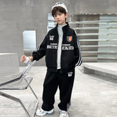 Boys Black Alphanumeric Printed Oversized Zip-up Jacket With Pants Sets