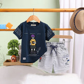 Boys Blue Graphics Short Sleeves T-Shirt With Cargo Shorts Set