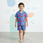 Boys Blue Fish Printed Short Sleeves Shirt With Printed Shorts Sets