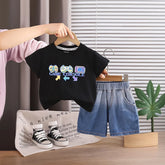 Boys Black Graphic Printed Short Sleeve T-Shirt With Denim Shorts Sets