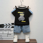Boys Black Graphic Polo T-Shirt With Denim Shorts Set