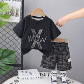 Boys Black Camouflage Print Short Sleeves T-shirt with Shorts Set