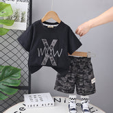 Boys Black T-shirt With Camouflage Print Shorts Set