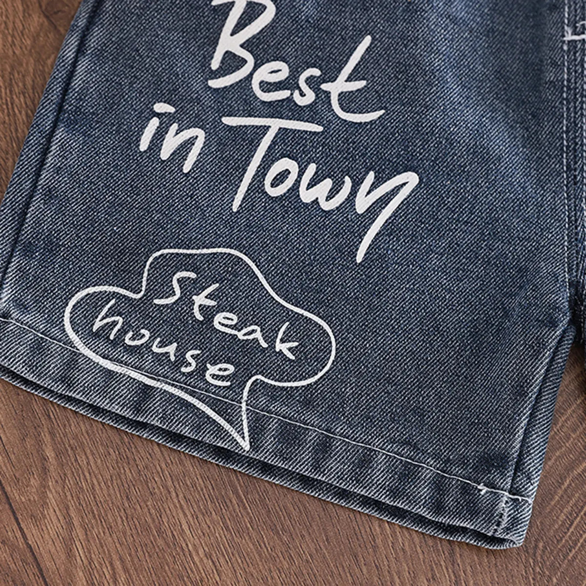 Boys Beige Typographic Print T-Shirt With Distressed Denim Shorts Set