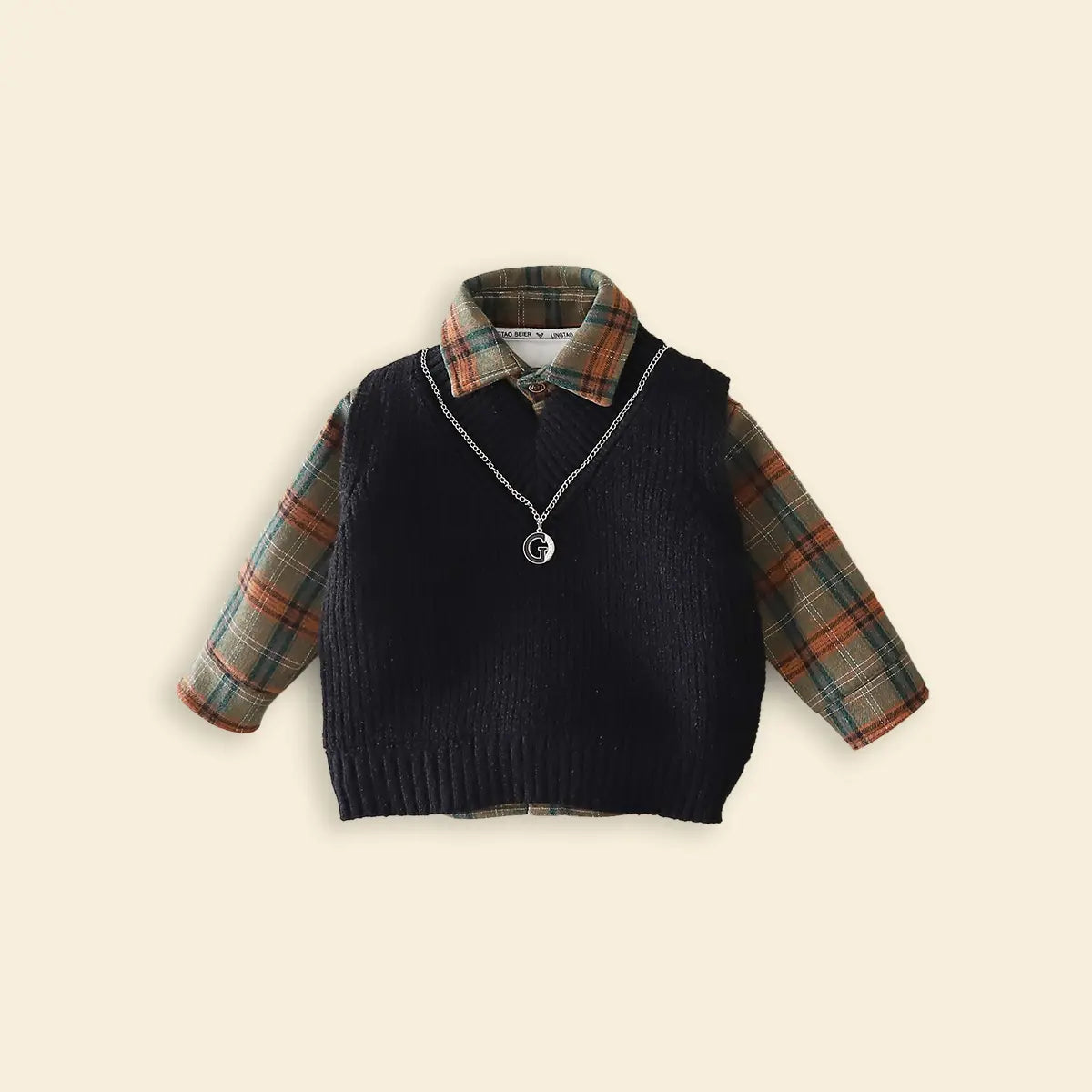 Boys Black Sweater Vest With Checked Shirt & Denim Pant Sets