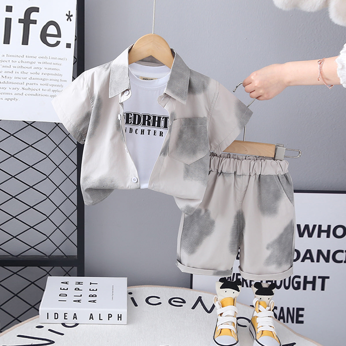Boys Beige Printed Short Sleeves Shirt With T-Shirt And Shorts Set