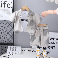 Boys Beige Printed Short Sleeves Shirt With T-Shirt And Shorts Set