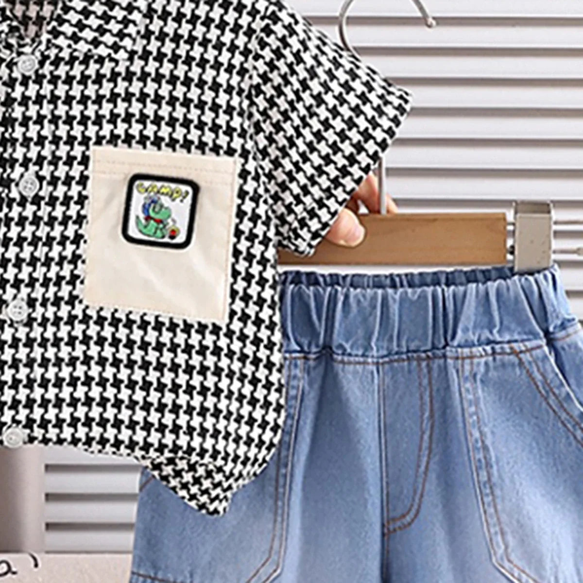 Boys Black Checked Button-Down Shirt With Denim Shorts Set