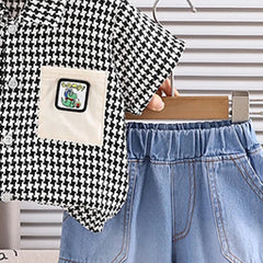 Boys Black Checked Button-Down Shirt With Denim Shorts Set