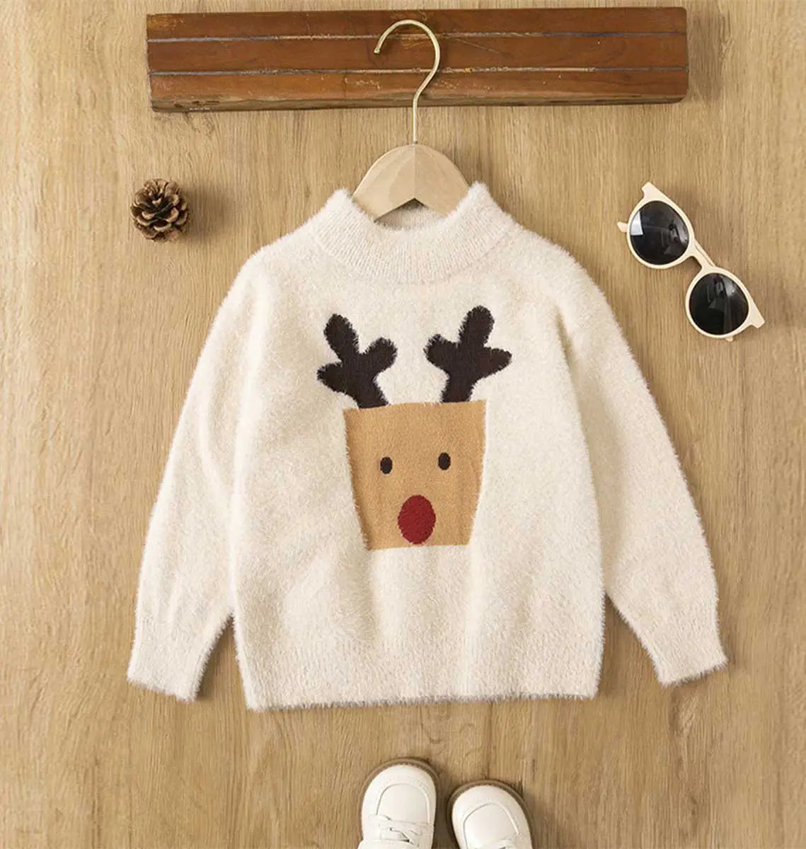 Boys Apricot Sweater With Self-Design Reindeer Pattern