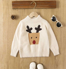 Boys Apricot Sweater With Self-Design Reindeer Pattern