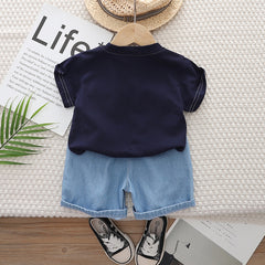 Boys Black Passion Print Short Sleeve T-Shirt With Denim Shorts Set