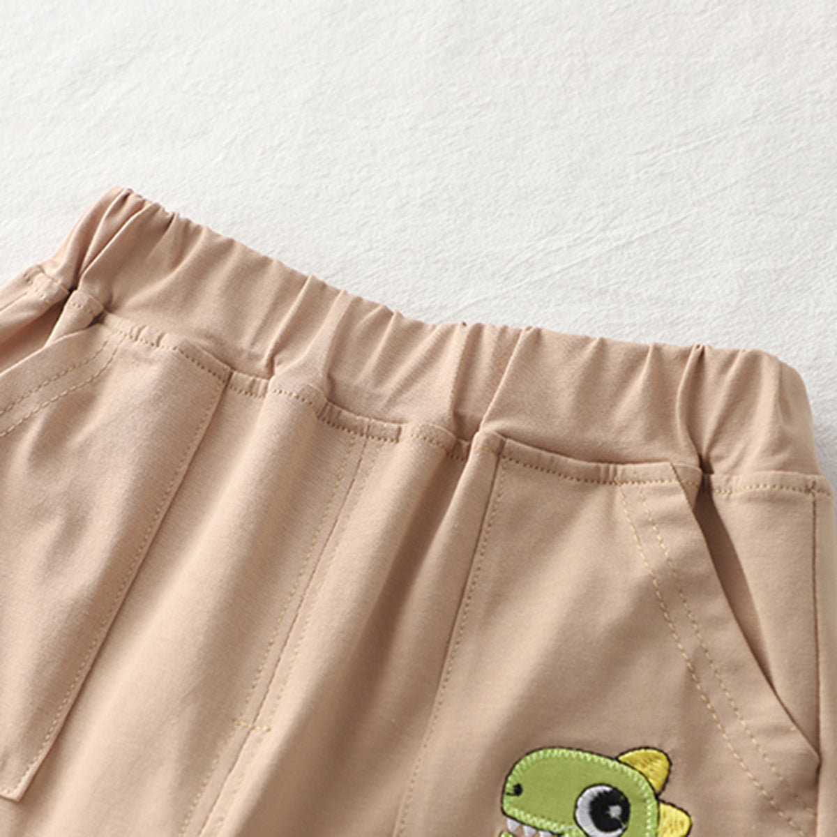 Boys Beige Dino Patchwork Raglan Sleeve T-shirt with Shorts Set