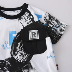 Boys Black Abstract Print Short Sleeves T-Shirt With Denim Shorts Set
