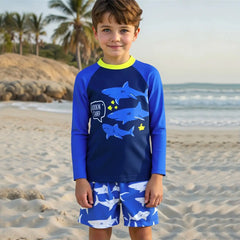 Boys Blue Fish Printed Long Sleeves T-Shirt & Shorts Swimsuit Sets