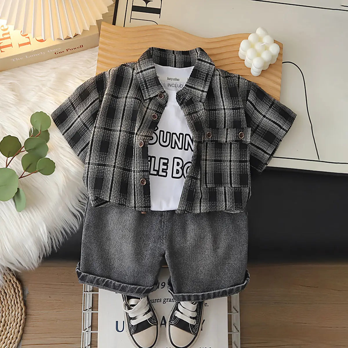 Boys Black Checked Shirt With Printed T-Shirt And Denim Shorts Sets