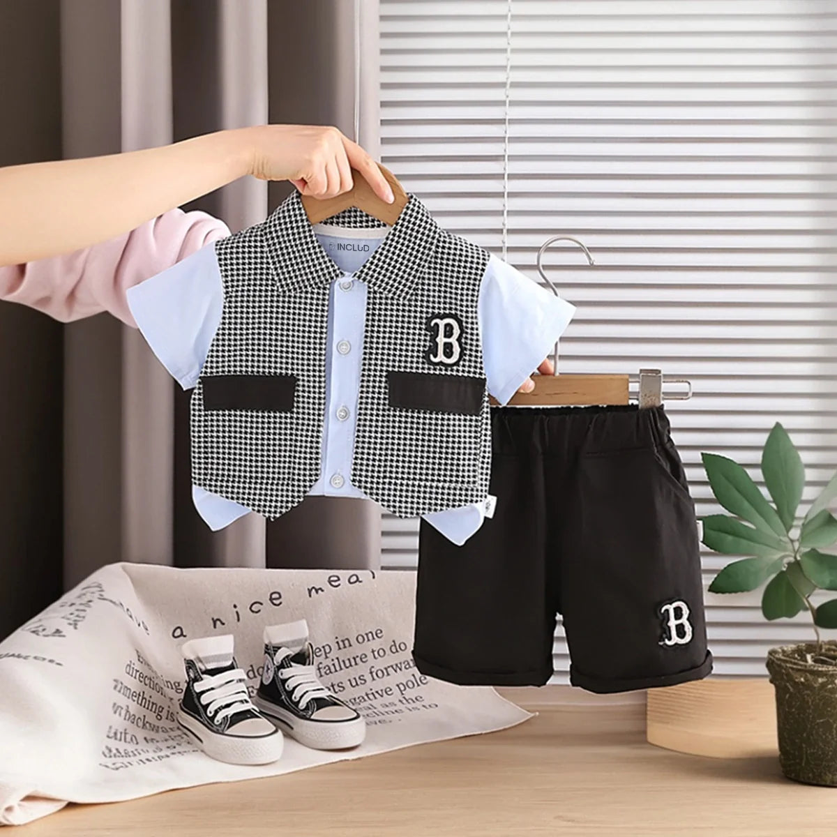 Boys Blue Houndstooth Fake waistcoat Shirt With Shorts Sets