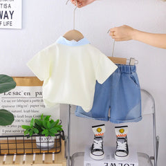 Boys Beige Bear Print Polo T-Shirt With Denim Shorts Sets
