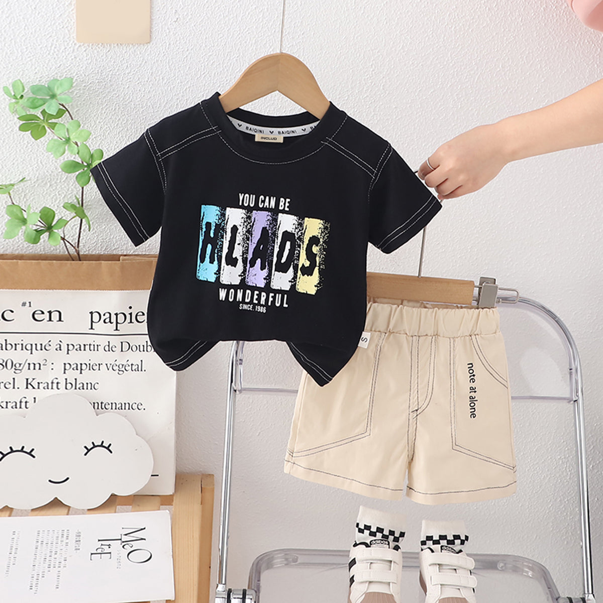Boys Black Short sleeves Alphabet Printed T-Shirt With Shorts Set