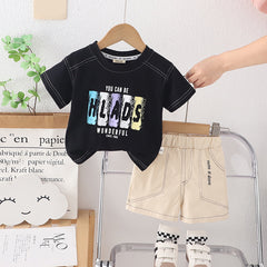 Boys Black Short sleeves Alphabet Printed T-Shirt With Shorts Set
