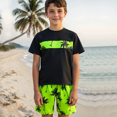 Boys Black Tropical Printed Short Sleeves T-Shirt & Shorts Swimsuit Sets