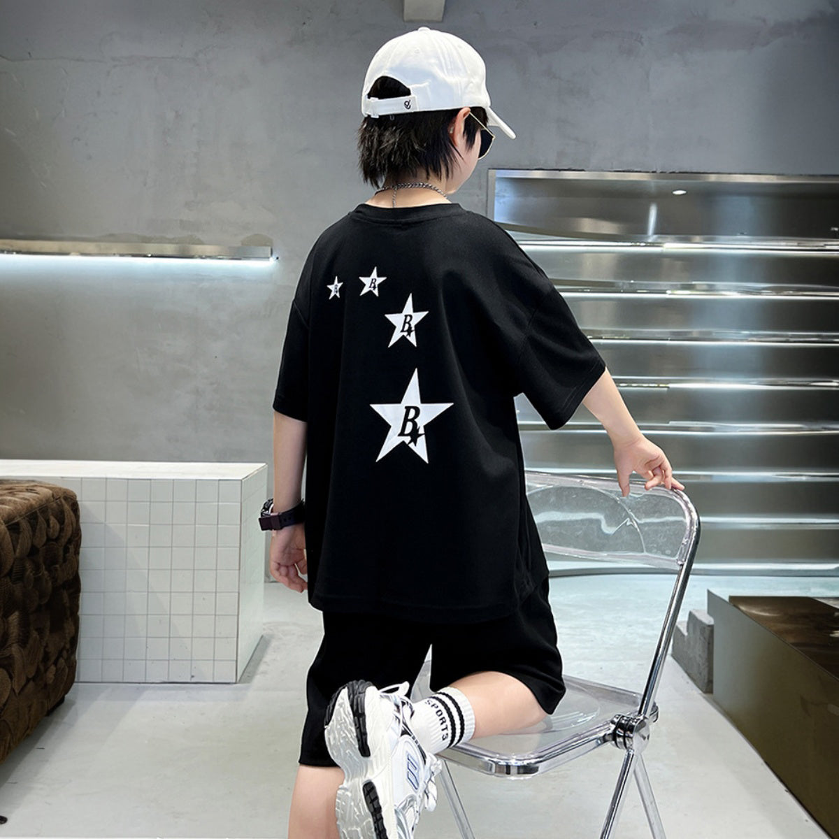 Boys Black Star Printed Summer Oversized T-Shirt With Shorts Set