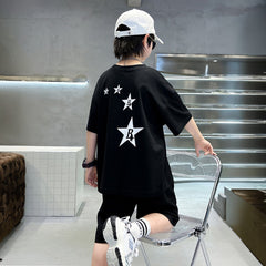 Boys Black Star Printed Summer Oversized T-Shirt With Shorts Set