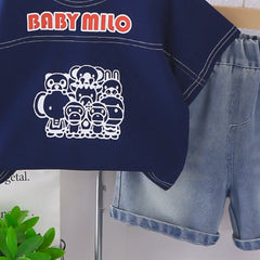 Boys Blue Graphic T-Shirt With Denim Shorts Sets