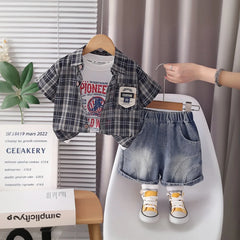 Boys Black Checked Shirt With Graphic T-Shirt & Denim Shorts Set