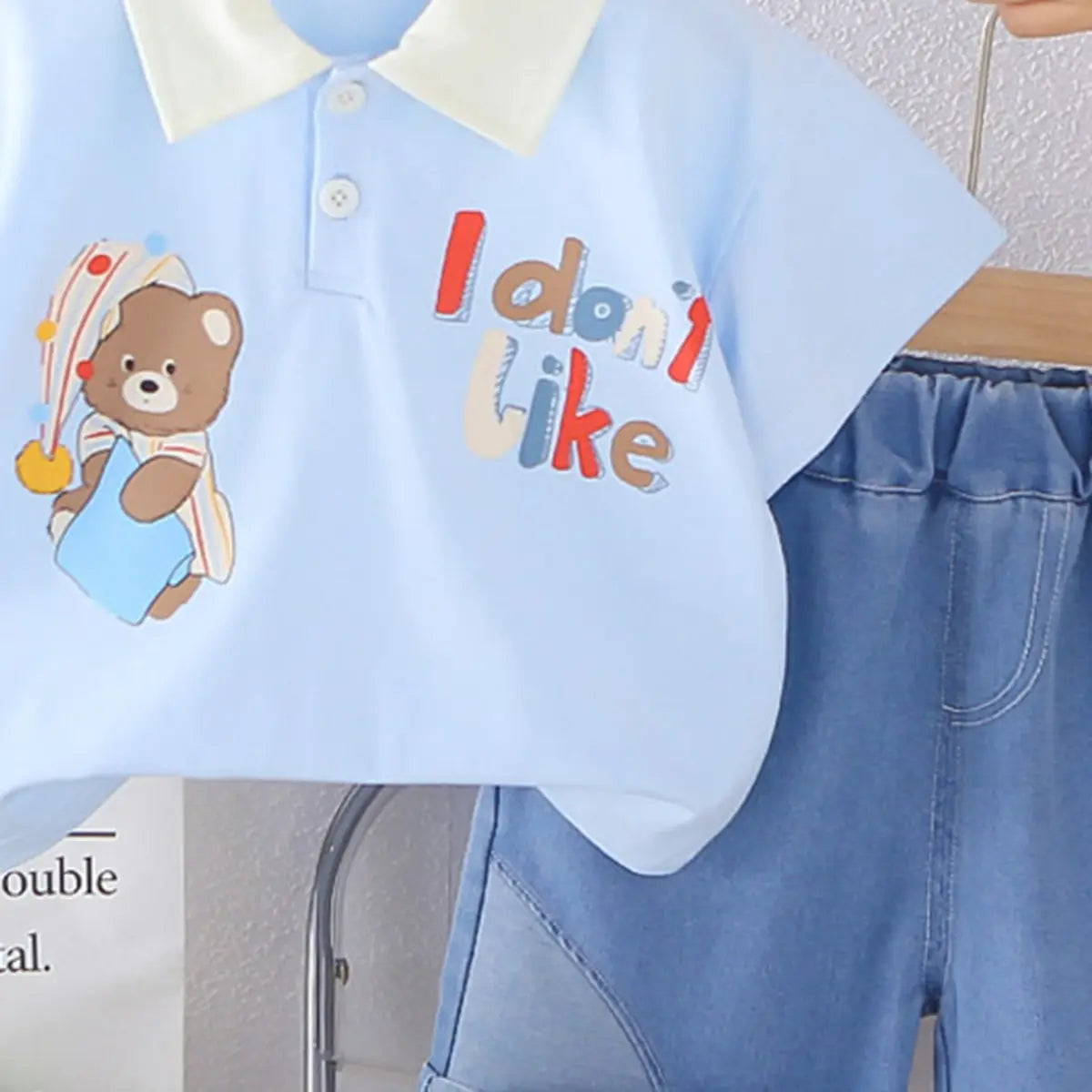 Boys Blue Bear Print Polo T-Shirt With Denim Shorts Sets