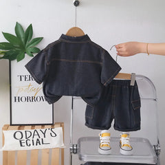 Boys Black Washed Denim Shirt With Shorts Sets