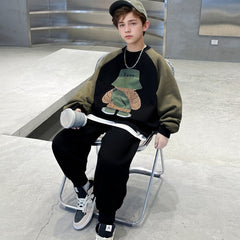 Boys Black Graphics Printed Sweatshirt With Joggers Winter Sets