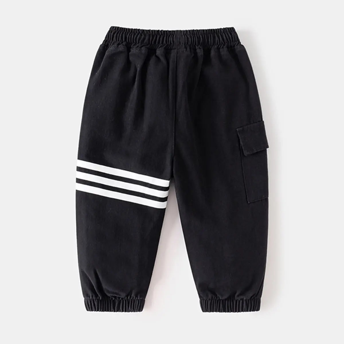 Boys Black Three Stripes Print Cargo Pants