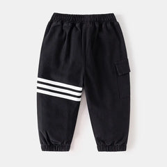 Boys Black Three Stripes Print Cargo Pants