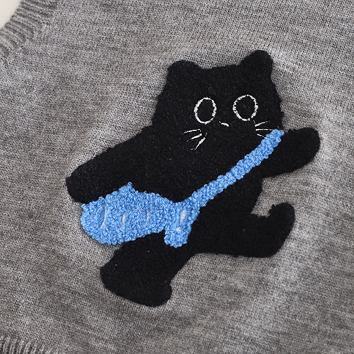 Boys Blue Cat Applique Sweater Vest With Shirt and Pant Set