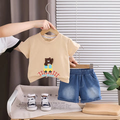 Boys Beige Bear Applique T-Shirt With Denim Shorts Sets