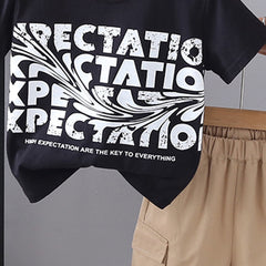 Boys Black Typographic Printed Short Sleeves Round Neck T-Shirt With Shorts Set