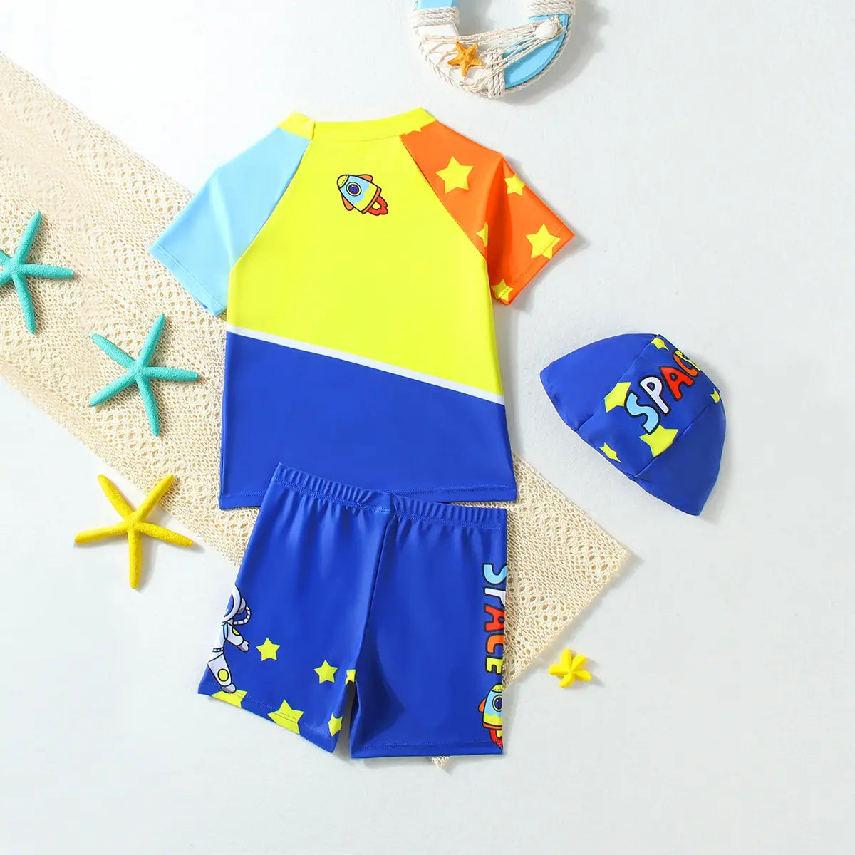 Boys Blue Astronaut Print T-Shirt With Shorts & Swim Cap Swimwear Sets