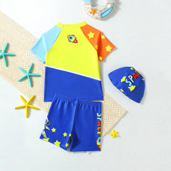 Boys Blue Astronaut Print T-Shirt With Shorts & Swim Cap Swimwear Sets