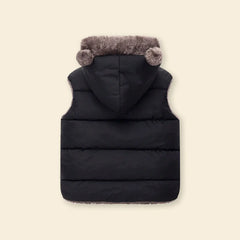 Boys Black Sleeveless Hooded Puffer Vest With Faux-fur Trim
