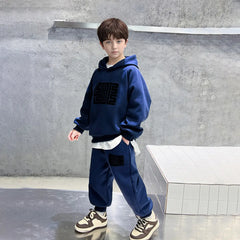 Boys Blue Abstract Printed Hooded Oversized Sweatshirt With Jogger Sets