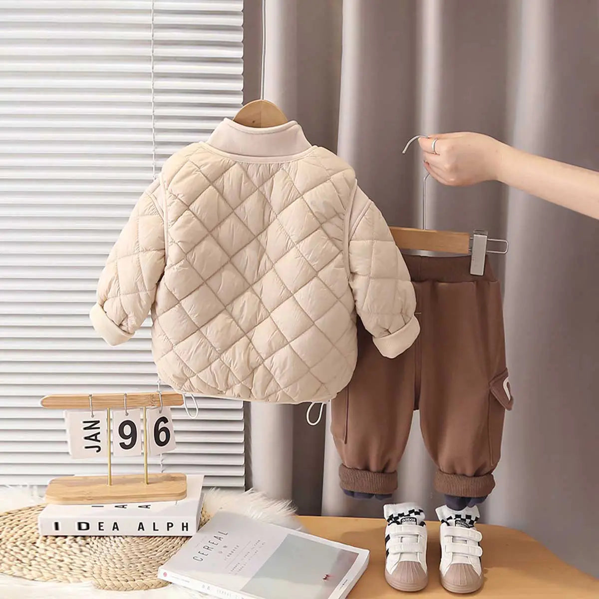 Boys Beige Long Sleeve Fleece Jacket With Quilted Vest & Jogger Sets