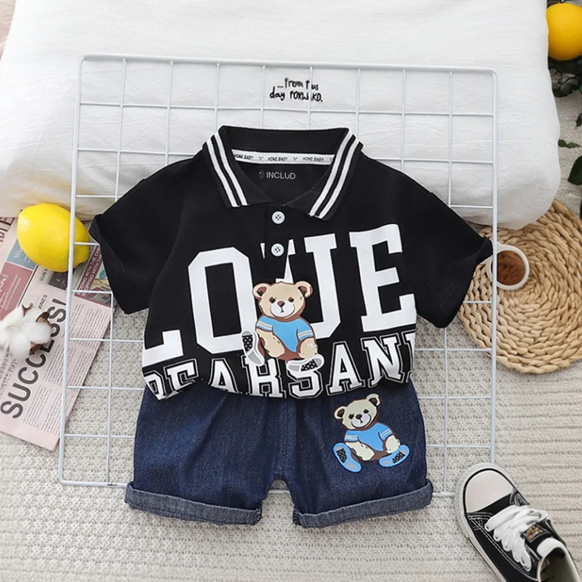 Boys Black Bear Printed Polo Polo T-Shirt With Denim Shorts Sets