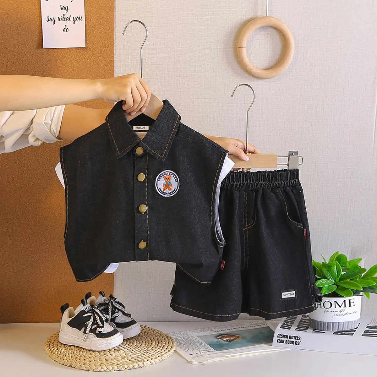 Boys Black Denim Sleeveless Jacket With Printed T-Shirt & Shorts Sets
