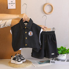 Boys Black Denim Sleeveless Jacket With Printed T-Shirt & Shorts Sets