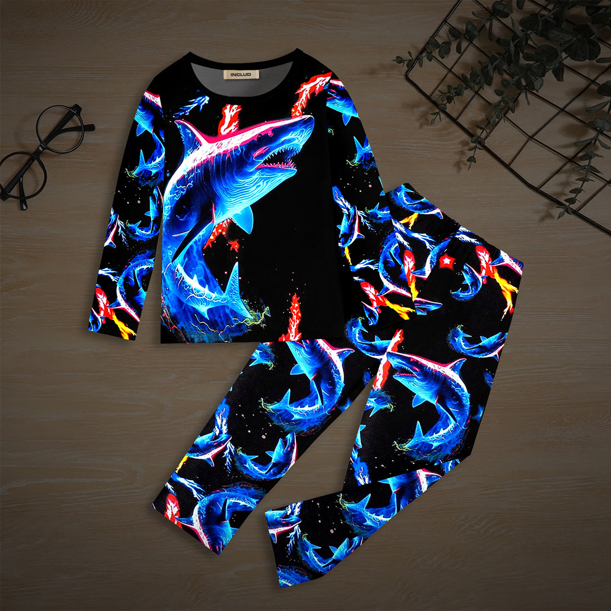 Boys Black Shark Printed Glow in the Dark T-Shirt & Pajama Winter Co-ord Set