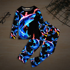 Boys Black Shark Printed Glow in the Dark T-Shirt & Pajama Winter Co-ord Set