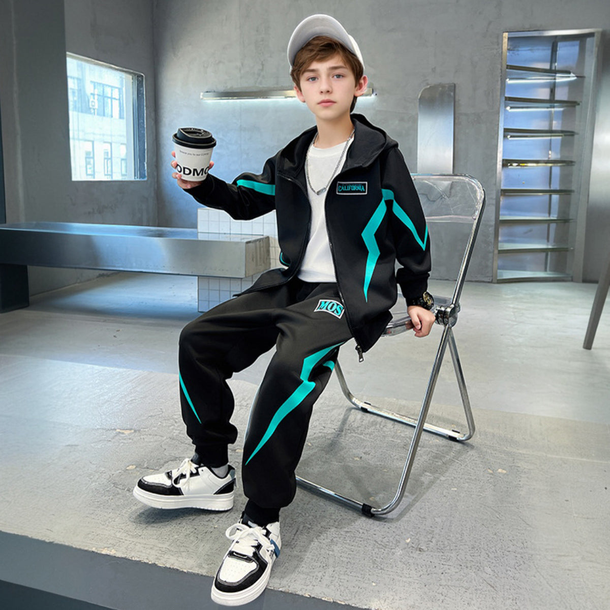 Boys Black Abstract Printed Winter Zipper Hoodie With Jogger Set