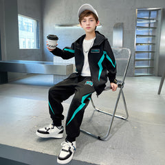 Boys Black Abstract Printed Winter Zipper Hoodie With Jogger Set