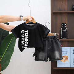 Boys Black Typographic Print T-Shirt With Denim Shorts Set